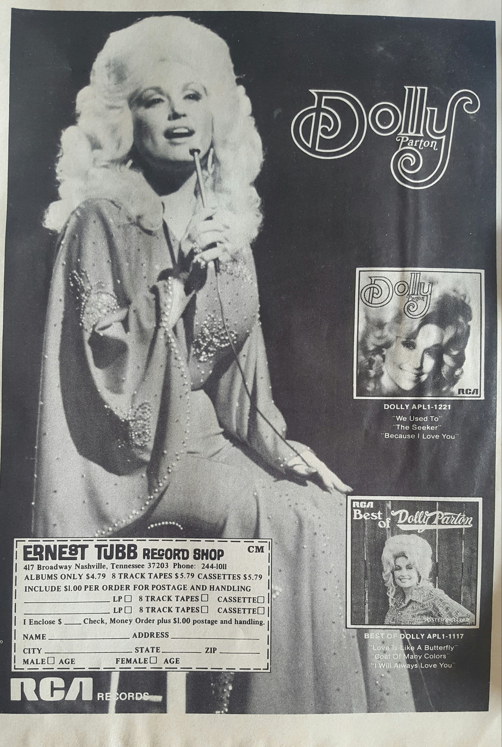 Dolly Parton advertisement for her music